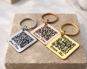 Personalised QR Code Keychain. Customized Metal QR Code Key chain Rose Gold, Gold Color and Steel Silver Metal Keychains.