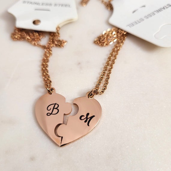 Personalized Initial Pendant Necklace Interlocking Puzzle Heart Pair - A Meaningful Gift for Your Loved One - Rose Gold Color