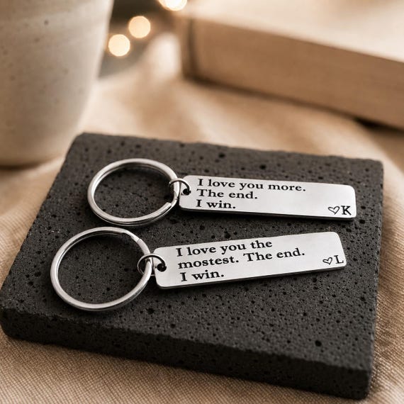 Valentine's Day Personalized Initials with I Love you more / mostest. The end. I win. Anniversary, Girlfriend Gift, Gold Color keychain