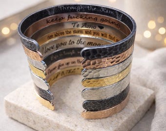 Personalized Hammered Custom Engraved Bracelet with Message Secret Santa Gifts Inspirational Quote Jewelry Gift for Men Women