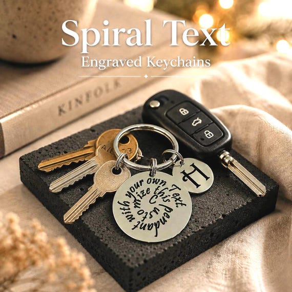 Custom text Spiral keyring with initial charm for him for hers