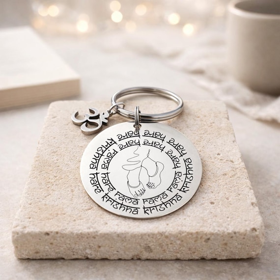 Hare Krishna Hare Rama with Om Charm - Krishna Consciousness Key chain with Aum, Hare Krishna Mantra