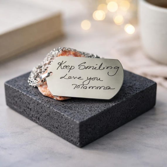 Actual Handwriting Pendant Necklace - Custom Signature engraved Military Necklace