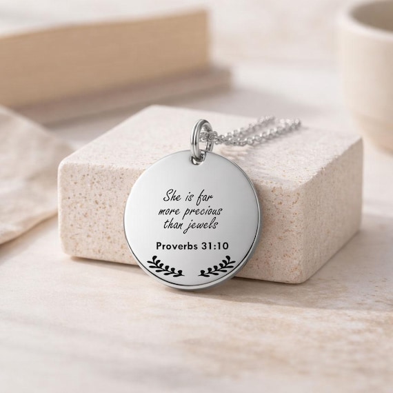 Romans 31:10 Necklace, Christian Gift. "She is far more precious." - Faith Necklace for Women, Bible Verse Pendant, Religious Gift