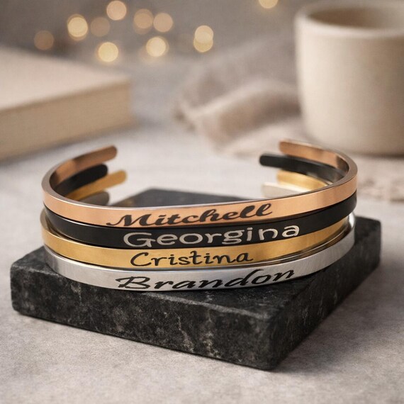 Thin Skinny Name Cuff, Customized Friendship Bracelets for Women Girls Her - Stacking Personalized Motivation Weight loss Gift