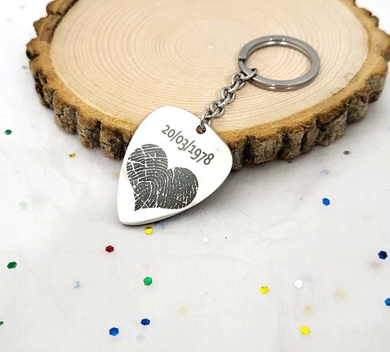 Actual Fingerprint & Date Engraved Guitar Pick KeyChain | Custom Guitar Pick | Baby Fingerprint Jewelry | Music Lover Personalized Gift.