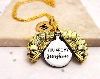 You are my Sunshine locket PENDANT Necklace. Sunflower Locket Pendant Flower Necklace. Customized with Initials.