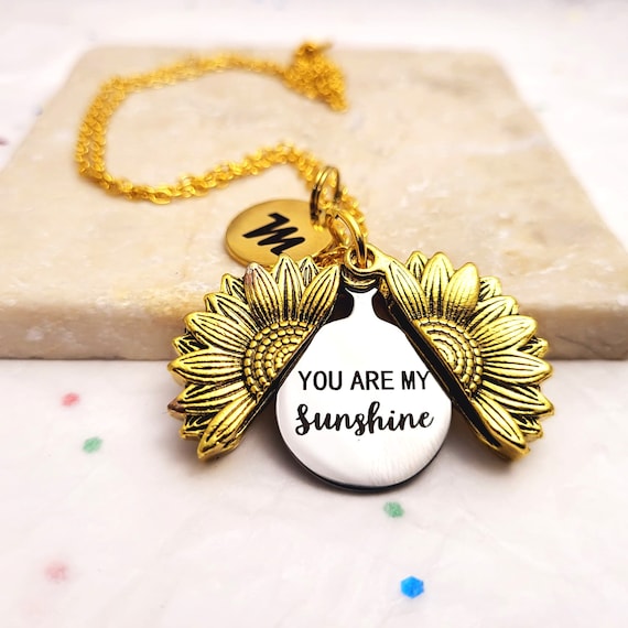 You are my Sunshine locket PENDANT Necklace. Sunflower Locket Pendant Flower Necklace. Customized with Initials.