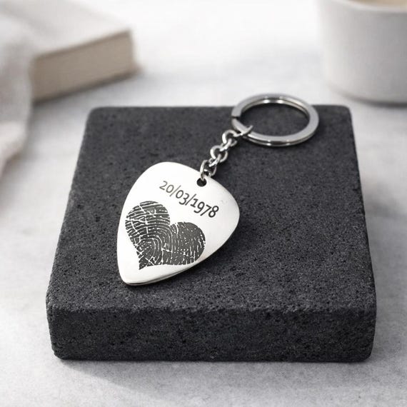 Actual Fingerprint & Date Engraved Guitar Pick KeyChain | Custom Guitar Pick | Baby Fingerprint Jewelry | Music Lover Personalized Gift.