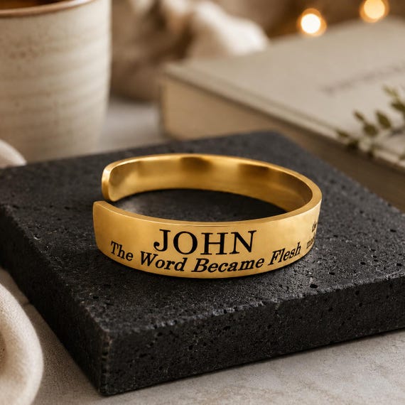 John 1:1 Scripture Engraved Bracelet – Christian Bible Verse Cuff Bracelet, Faith Jewelry Gift for Women & Men