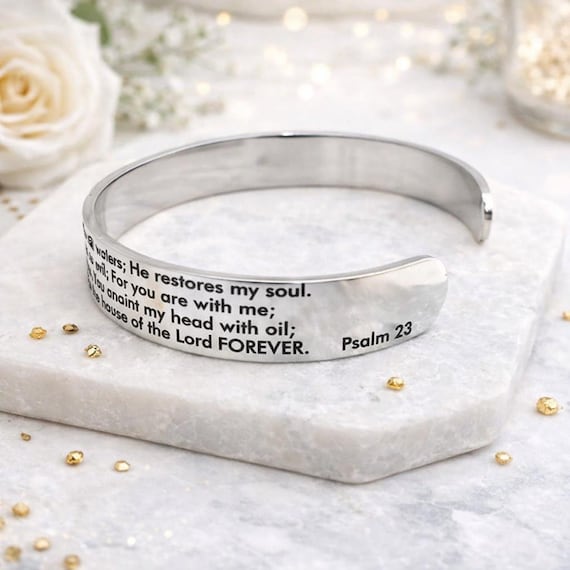Biblical Prayer The 23rd Psalm Cuff Bracelet Bangle. The Lord is My Shepherd Bracelets. Psalm 23 Prayer jewelry gift Engraved for Christmas.