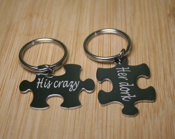 Couple Puzzle Key chain His and Her Puzzle Two Piece Keychain Set With Names- Jigsaw pieces for Couples, Wedding,  Anniversary Keychains