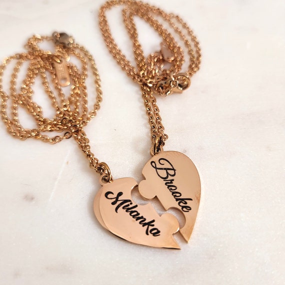 Personalized Name Interlocking Puzzle Heart Pendant Necklace Pair - A Meaningful Gift for Your Loved One - Rose Gold Color