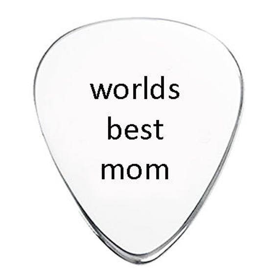 Worlds Best Mom Guitar Pick plectrum- Custom Personalized Stainless Steel Guitar Pick with any Message in Silver Organza Gift Pouch.