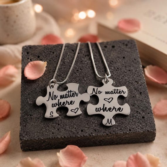 No matter what no matter where - Personalized 2 Puzzle Piece Pendant Necklace Jewelry Gift for Him, Her, Couples with Initials
