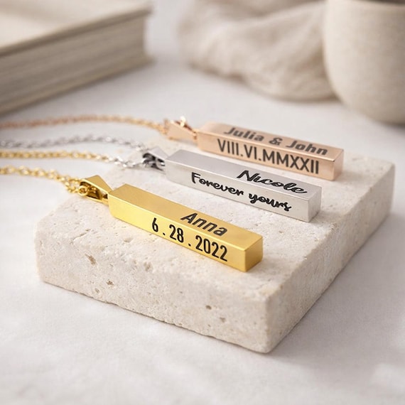 Personalized 3D Vertical Bar Necklace for Mother Women Men Gift, Custom Pendants Jewelry