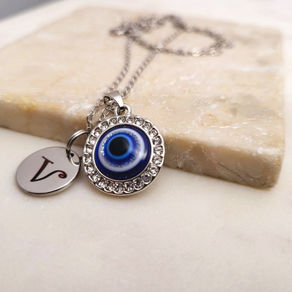 Personalized Evil Eye Pendant with Initial Charm. Blue Evil Eye Necklace for Men & Women.