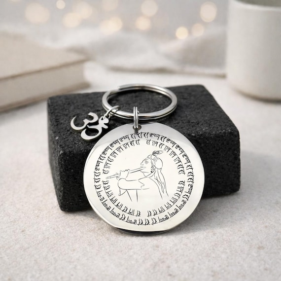Krishna Consciousness Key chain "Hare Krishna Hare Rama" with Om Charm Keychain. Round Keychain with Aum, Hare Krishna Mantra