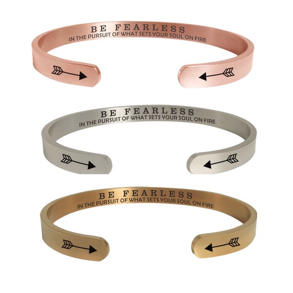 Be Fearless Mantra Cuff Band Bracelet Encouragement & Strength Quote Jewelry Gift for Friend, sister, brother.