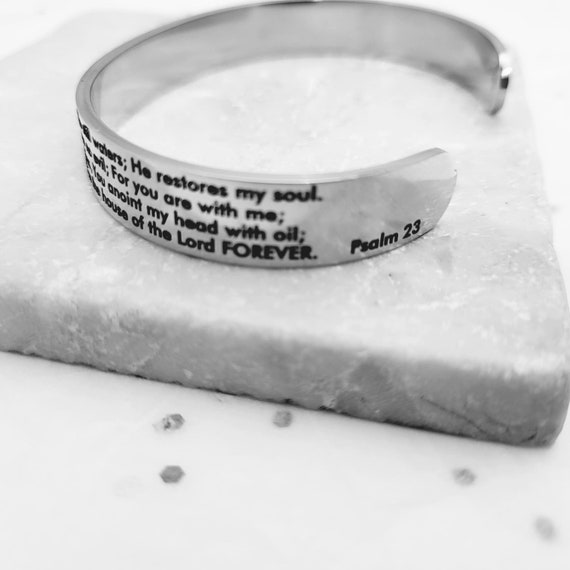 Biblical Prayer The 23rd Psalm Cuff Bracelet Bangle. The Lord is My Shepherd Bracelets. Psalm 23 Prayer jewelry gift Engraved for Christmas.