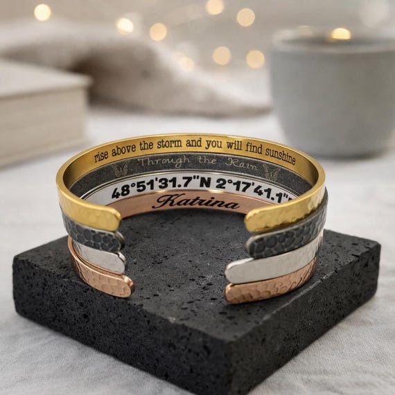 Mothers Day gift from Daughter & Son - Personalized Bracelet Custom made gifts with Name, Coordinates, Message, Mantra, Quote Engraving