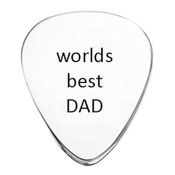 Worlds Best DAD Guitar Pick plectrum- Custom Personalized Stainless Steel Guitar Pick with any Message in Silver Organza Gift Pouch.