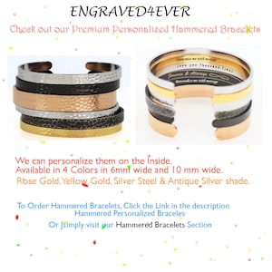 May include: A set of four hammered metal bracelets in rose gold, yellow gold, silver, and antique silver. The bracelets are stacked on top of each other and have a textured surface. The bracelets are available in 6mm and 10mm widths. The text "Customise me with message love you thousand times Forever & Always Personalize me with message" is engraved on the inside of the bracelets.