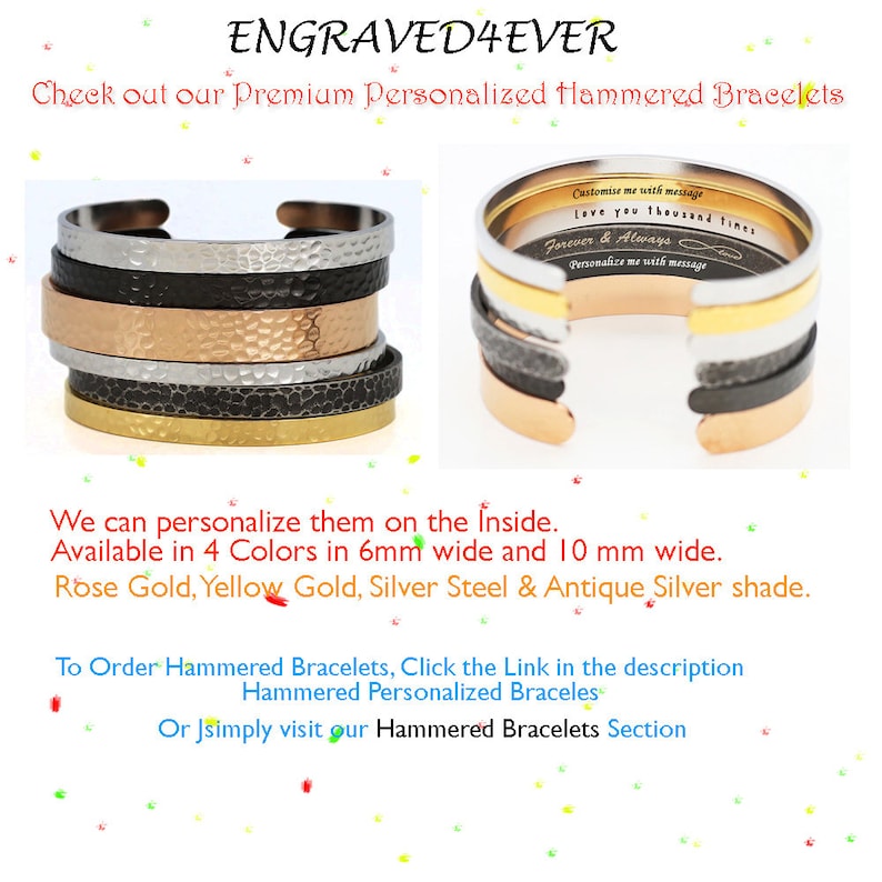 May include: A set of four hammered metal bracelets in rose gold, yellow gold, silver, and antique silver. The bracelets are stacked on top of each other and have a textured surface. The bracelets are available in 6mm and 10mm widths. The text "Customise me with message love you thousand times Forever & Always Personalize me with message" is engraved on the inside of the bracelets.