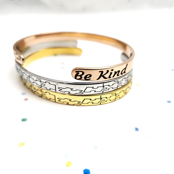 BE Kind with Puzzle Engraved cuff Bracelet Gift for men women boys girls.