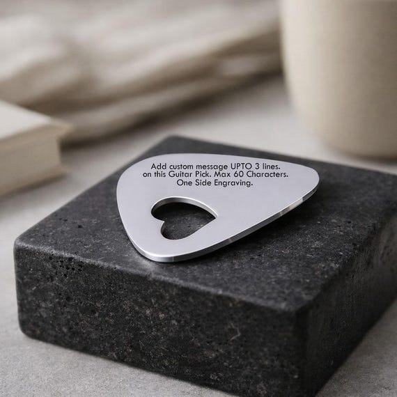 Personalized Guitar Pick with engraved 3 Lines / 60 Letters Valentines message Gift with a Cut Out Heart plectrum
