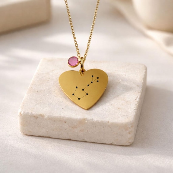 Custom Constellation Heart Necklace, Zodiac Sign Astrology Pendant, Leo, Virgo, Libra, Scorpio, Sagittarius with Birth Stone