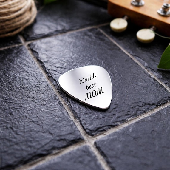 Worlds Best Mom Guitar Pick plectrum- Custom Personalized Stainless Steel Guitar Pick with any Message in Silver Organza Gift Pouch.