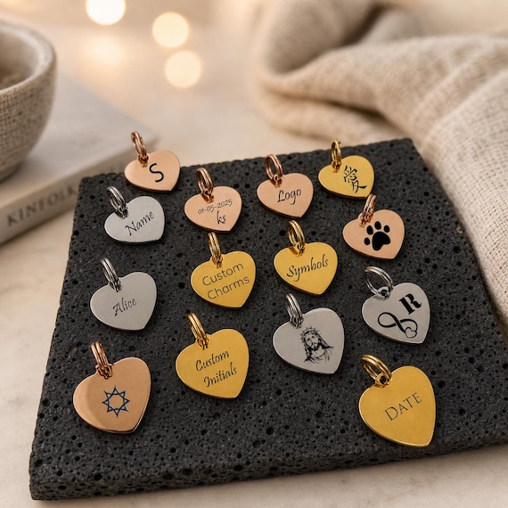 1/5/10 PCS Custom Heart Charms Engraved, Personalized Heart Add on  CHARM engraving