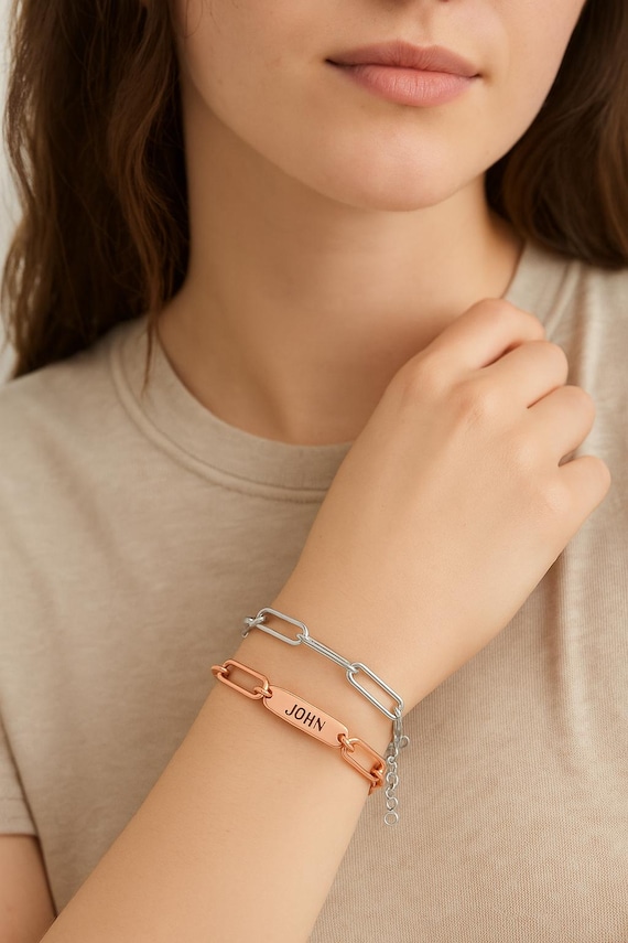 Engraved Charm Bracelet with a Dainty Paperclip Chain Name Bar Bracelet . Christmas Gift for Her.