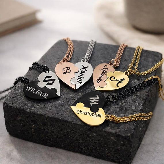 Customizable half hearts puzzle Piece Necklace. Jigsaw Heart Necklace pendants with Name, initials