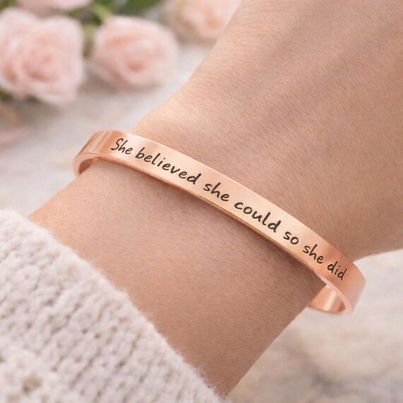 Inspirational Cuff Bracelet – 'She Believed She Could', Stainless Steel Mantra Bangle