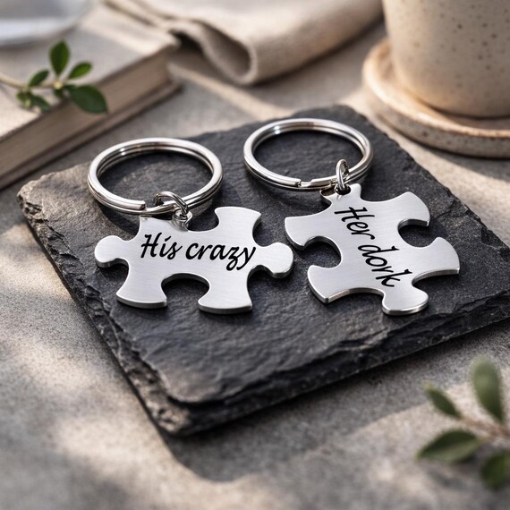 2 puzzle piece Couples Gifts Keychain PERSONALIZED for couples, friends, His and Her Gifts Anniversary Set
