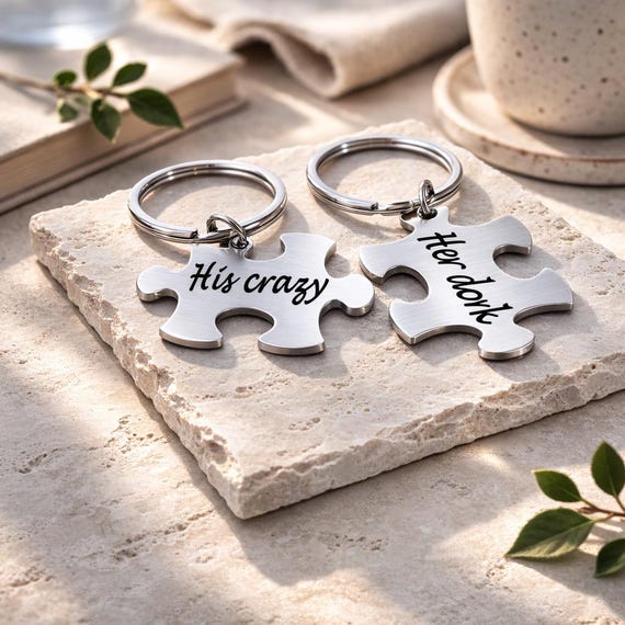 Custom engraved Couples puzzle pendant KEYCHAIN pair