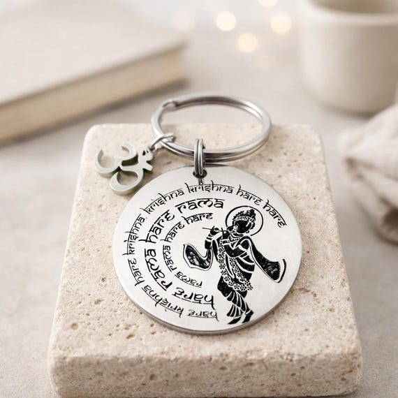 Hare Krishna Hare Rama Om Keychain. Unisex , Metal Round Keychain with Aum, Maha Mantra Hare Krishna.