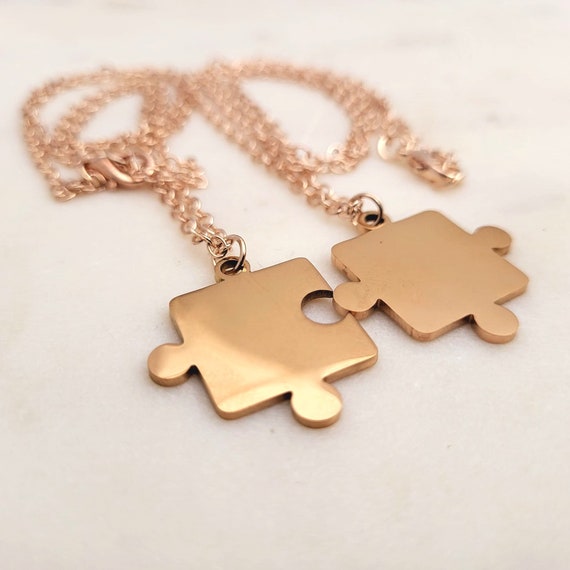 2 Pieces Couples Puzzle pieces pendant ROSE GOLD charm with Chain Necklace stamping engraving Blank (His and Her)