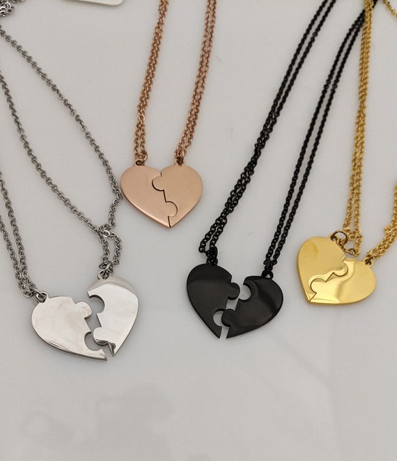 24mm Heart Puzzle blanks WITH Necklace, Half heart tags, gold rose gold stainless steel blanks, Hand Stamping Blanks, Engraving Supplies