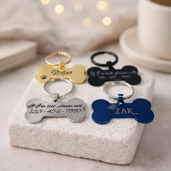 Personalised Dog Bone Keychain Custom Pet Name Tag Stainless Steel.