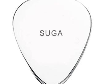 SUGA BTS Merchandise Hand Stamped Guitar Pick. Pure Shiny Aluminium.
