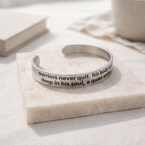 Warriors never quit Inspirational Bracelet - Motivation and encouragement Jewelry cuff for Him & Her.