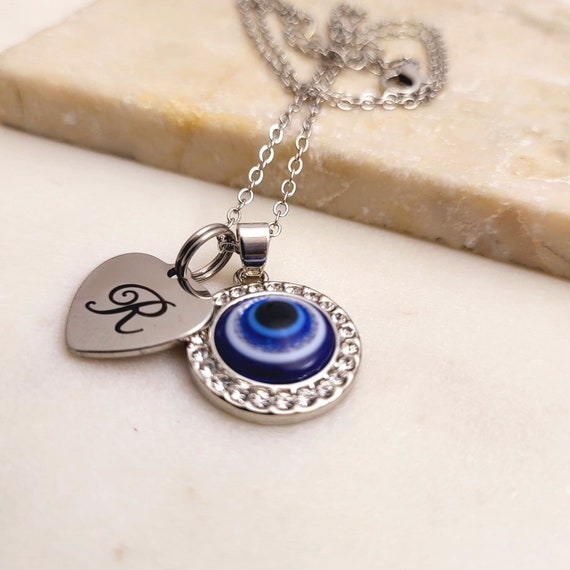 Personalized Evil Eye Pendant with Initial Heart Charm. Blue Evil Eye Necklace for Men & Women.