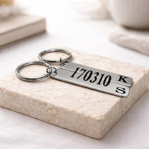 Matching Couples special date & initials Anniversary Wedding gift 2 piece keychain. Perfect wedding anniversary keepsake  2 Piece Keyring.