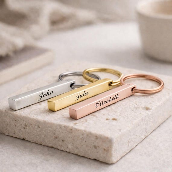 3D Bar Keychain Personalized Engraved Women Boyfriend Men Dad Mom - 4 Sided Key Chian