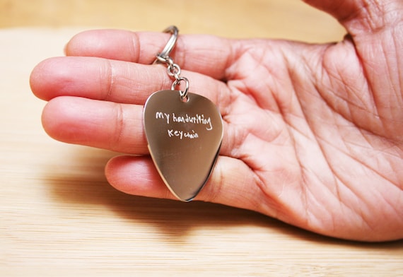 HANDWRITING Engraving keychain Custom Made Actual Handwriting Guitar Pick - Signature Engraved Husband, Wife, Grand Parents, Kids, Boyfriend