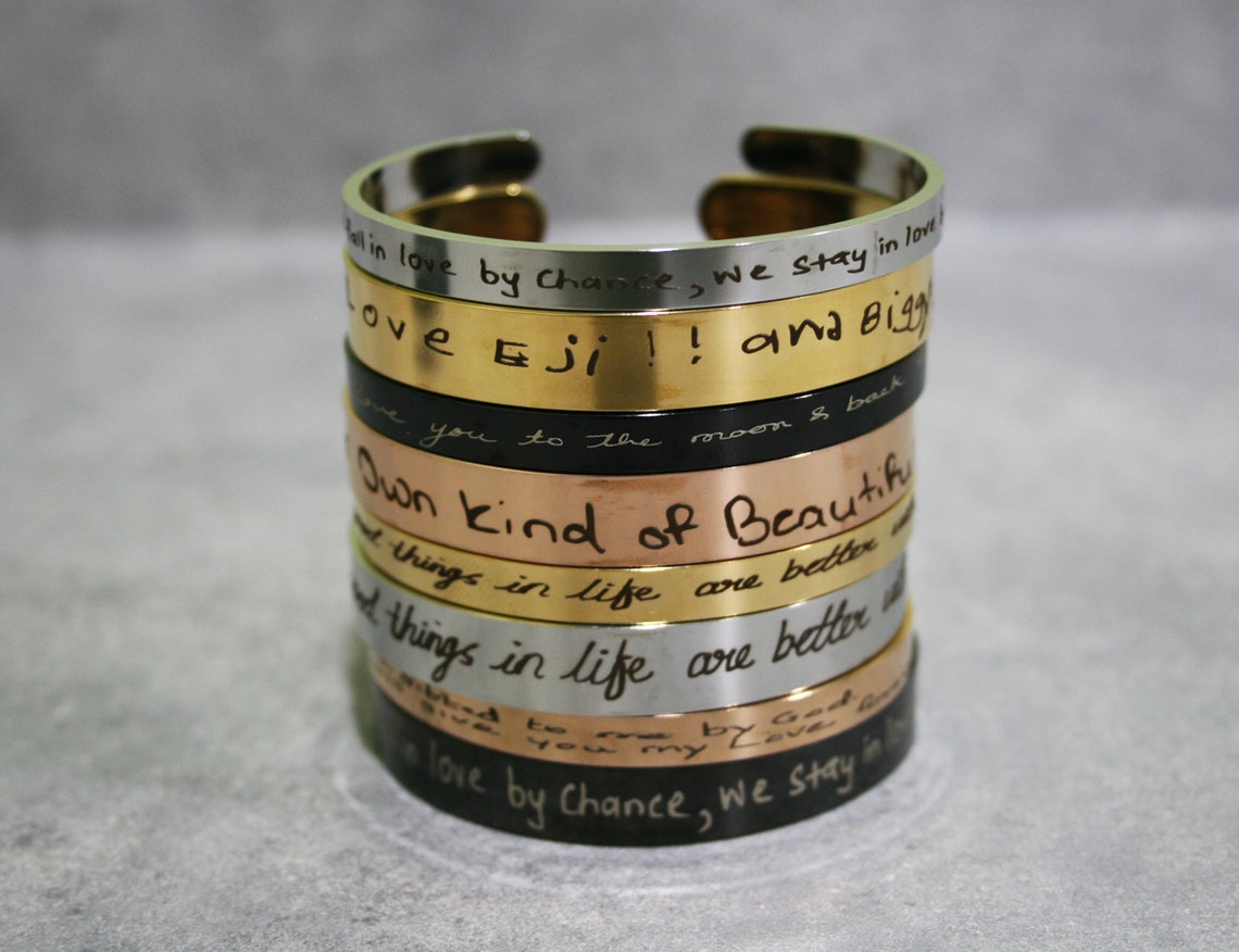 Personalized Actual Handwriting Memorial Bracelet – Custom Engraved Open Cuff Bangle Keepsake Gift
