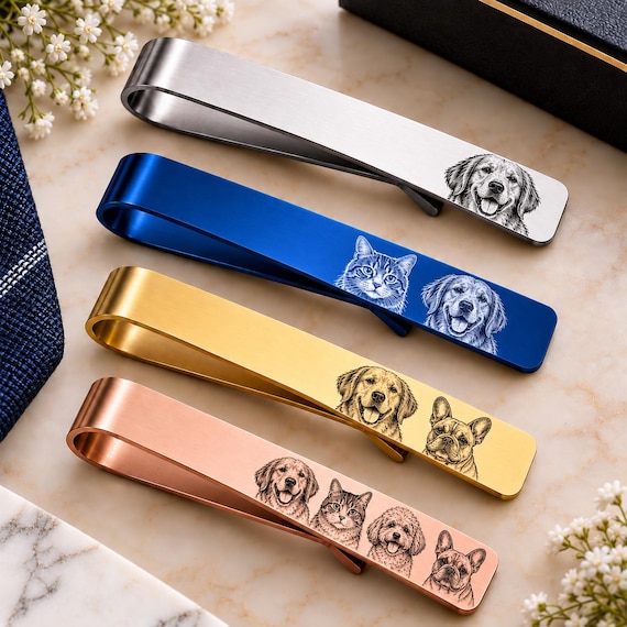 Personalized Pet Portrait Tie Clip – Groomsmen Gift, Engraved Dog or Cat Photo